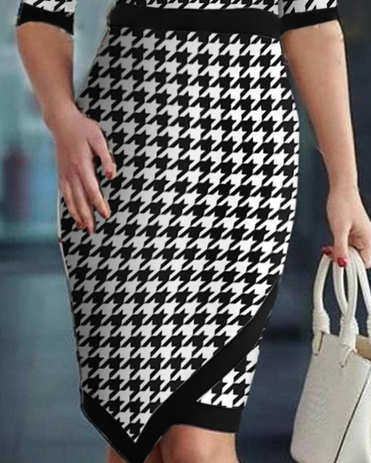 Women's Houndstooth Printing Color Contrast Dress - Beuti-Ful