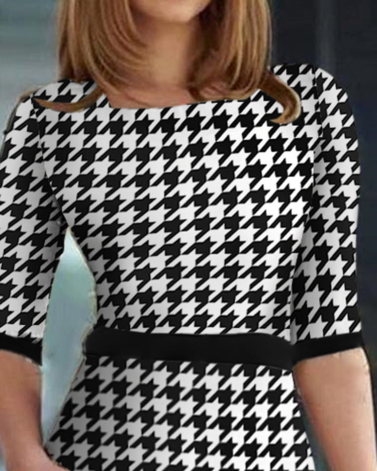 Women's Houndstooth Printing Color Contrast Dress - Beuti-Ful
