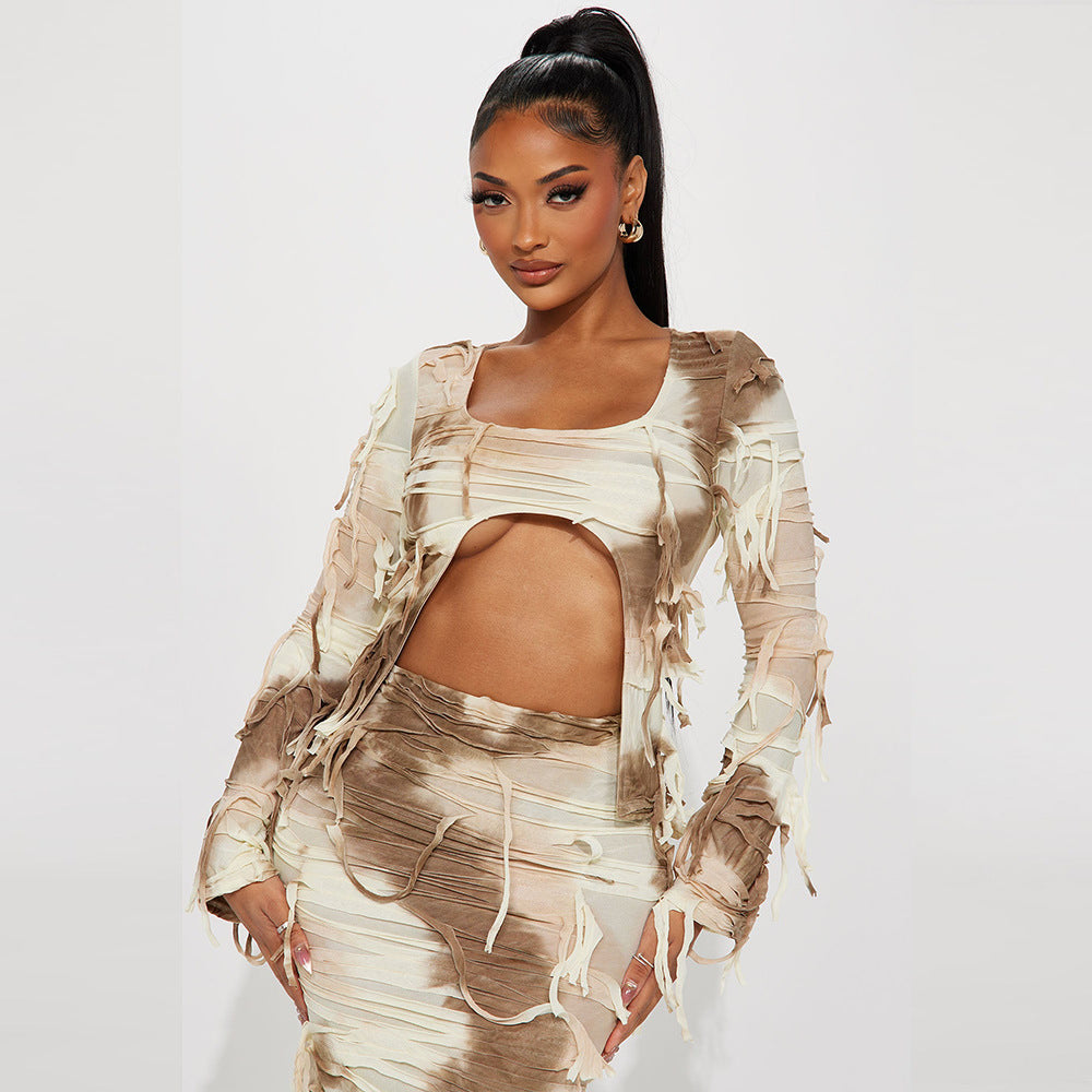 Women's Fashion Tie-dye Exposed Navel Tassel Dress Suit - Beuti-Ful