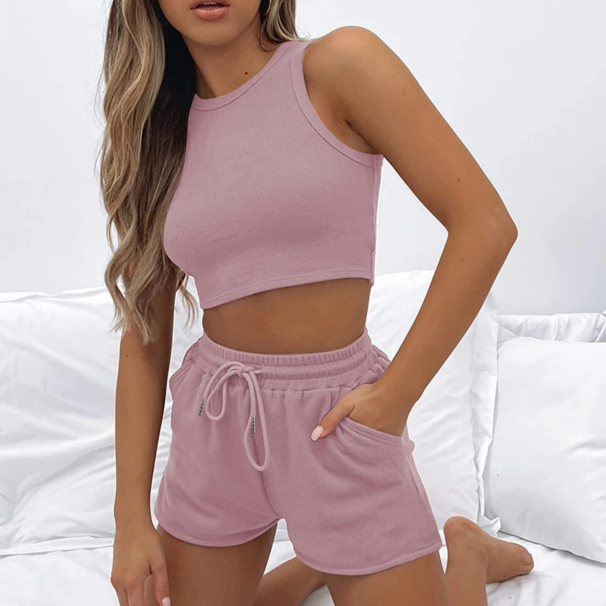 Sleeveless Waffle Suit Solid Color Vest Fashion Casual Shorts