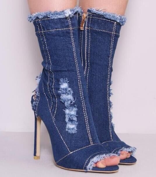 Fashion Runway Peep Toe Denim Ankle Boots - Beuti-Ful