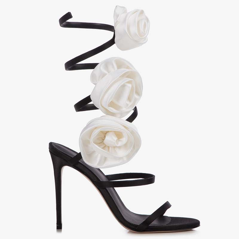 Lace-up Stiletto Heel Round Toe Flower Decorative Women's Sandals - Beuti-Ful