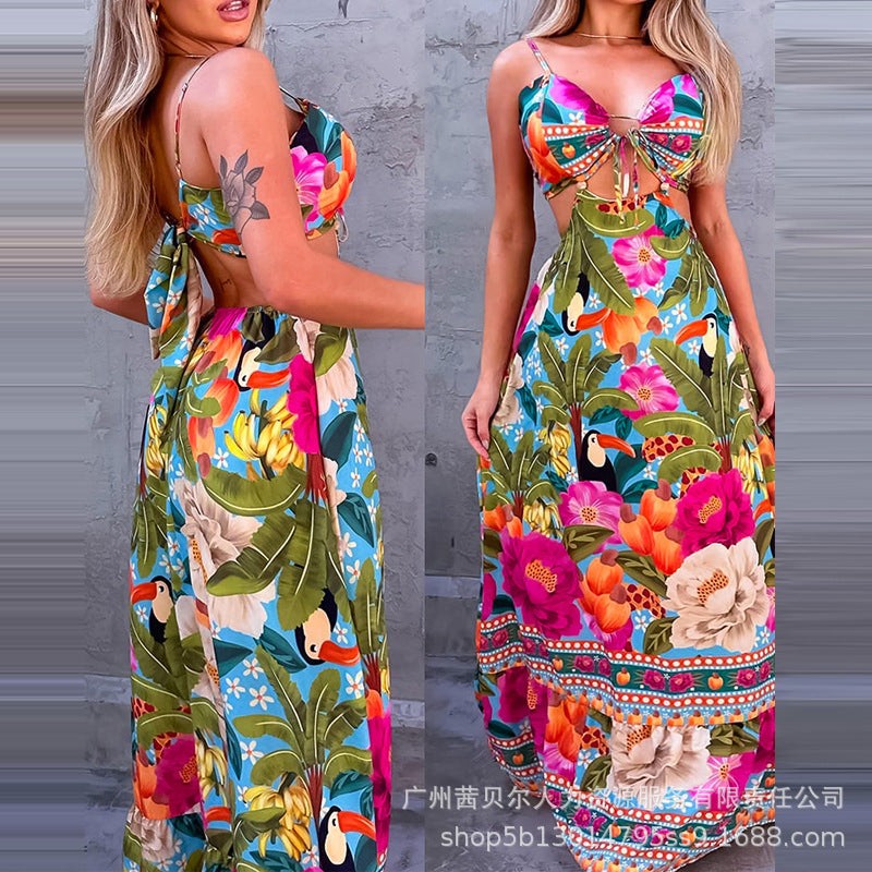 Tropical Printed Floral Halter Midriff Outfit Dress