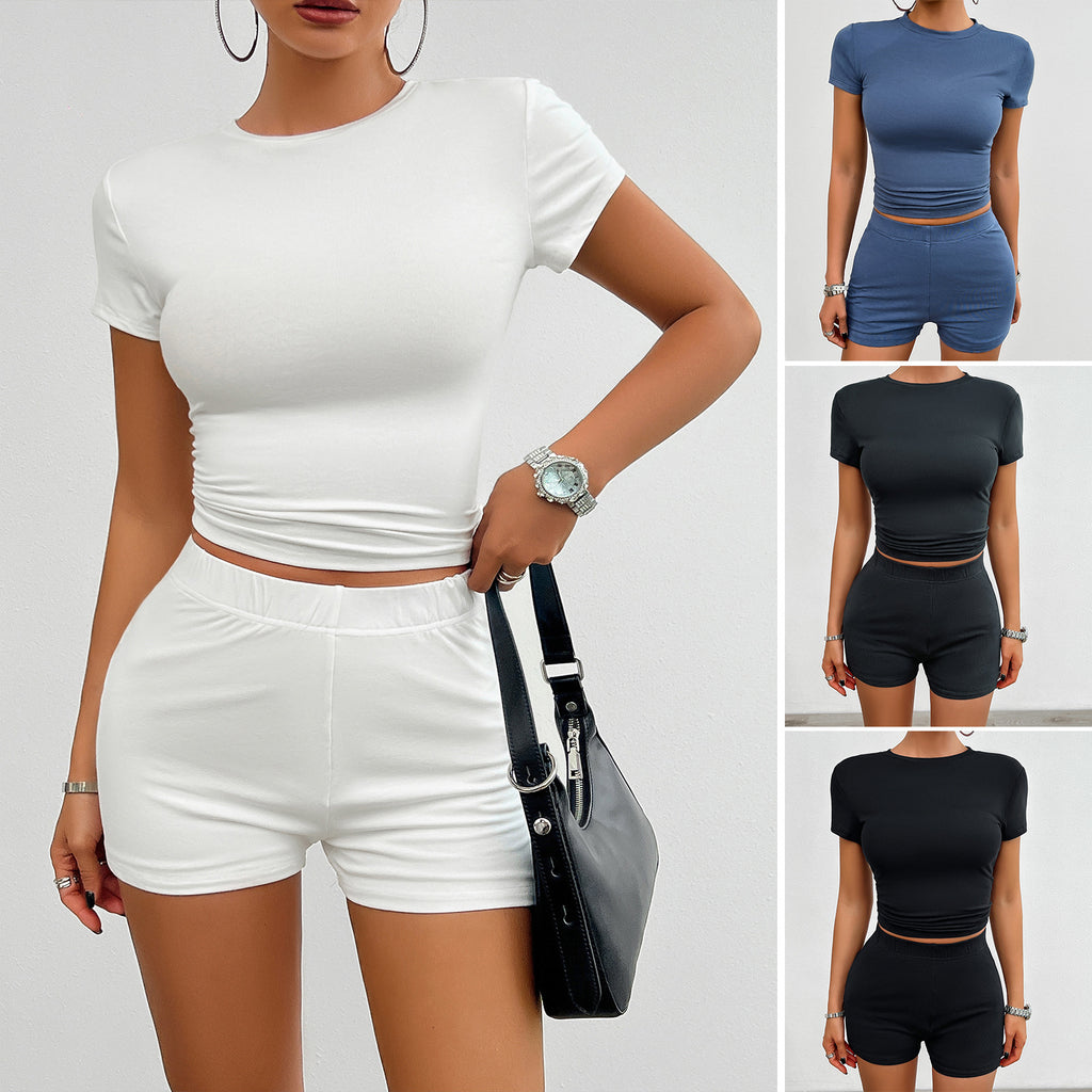 Solid Color Slim Sports Suit Summer 2Pcs Short-sleeved Round Neck T-shirt and Elastic Shorts - Beuti-Ful