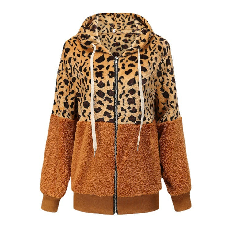 Women's Fashion Casual Leopard Print Stitching Thick Fleece Furry Sweater Hooded Top - Beuti-Ful