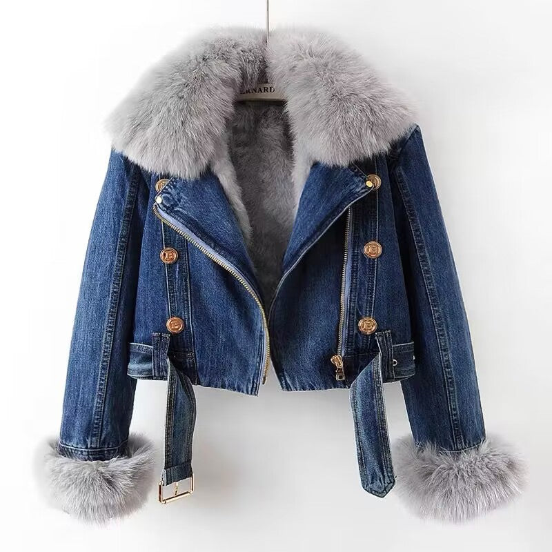 Detachable Fox Fur Rabbit Fur Liner Denim Coat - Beuti-Ful