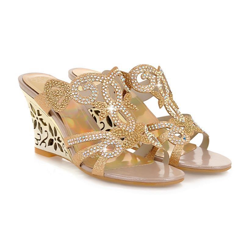 Wedge Sandals Peep Toe Slip-on Rhinestone Women's - Beuti-Ful