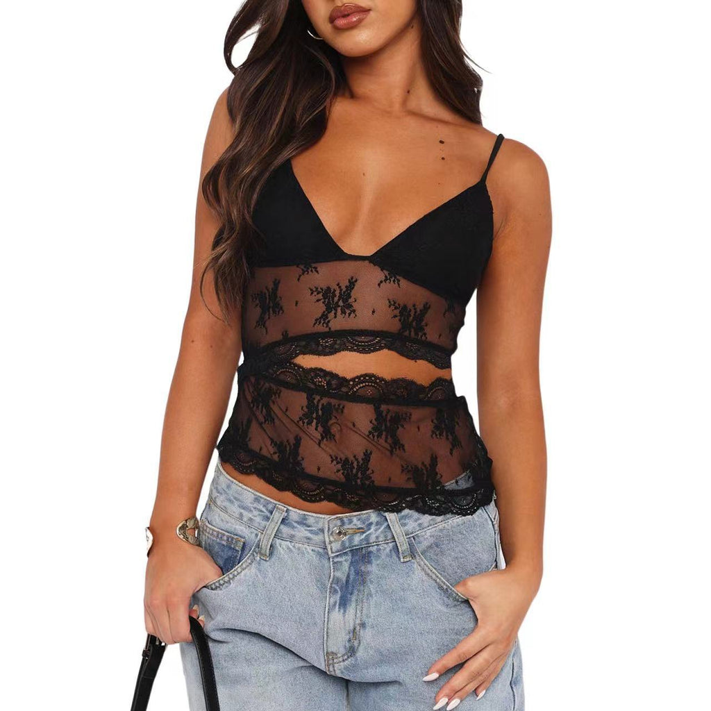 Lace Stitched Backless Small Sling Women V Neck Tank Top Bralette Clothes - Beuti-Ful