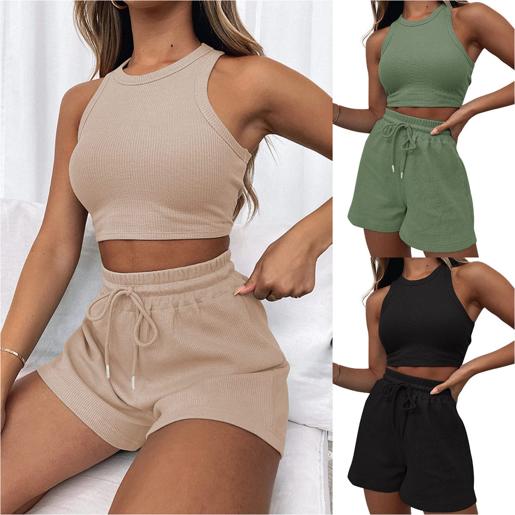Sleeveless Waffle Suit Solid Color Vest Fashion Casual Shorts - Beuti-Ful