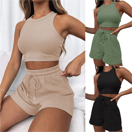 Sleeveless Waffle Suit Solid Color Vest Fashion Casual Shorts