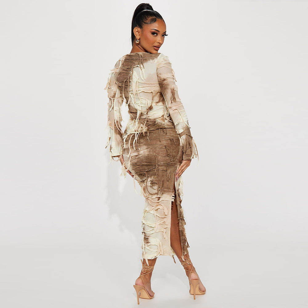 Women's Fashion Tie-dye Exposed Navel Tassel Dress Suit - Beuti-Ful