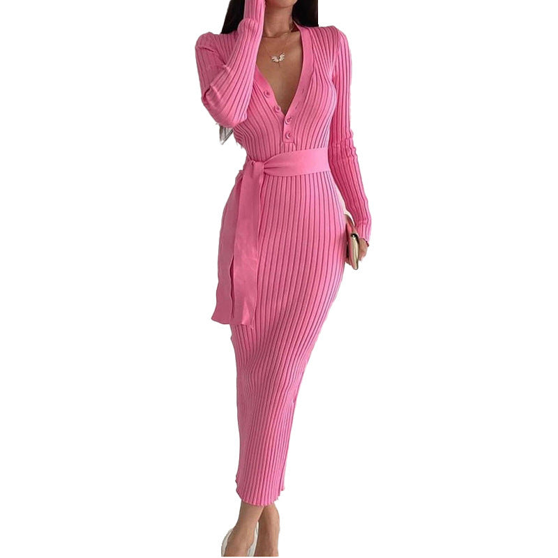 Women's Waist Button Dress Slim Knit Sunken Stripe - Beuti-Ful