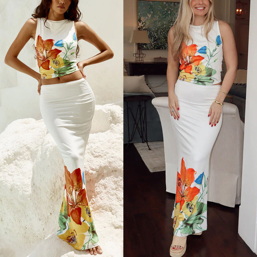 Flower Sleeveless Dress Two-piece Set - Beuti-Ful