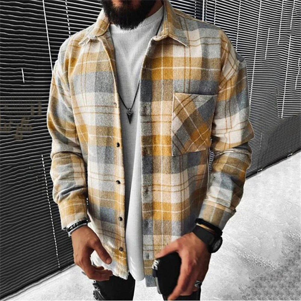 Men's Shirt Plaid Pocket Long Sleeve Shirt - Beuti-Ful