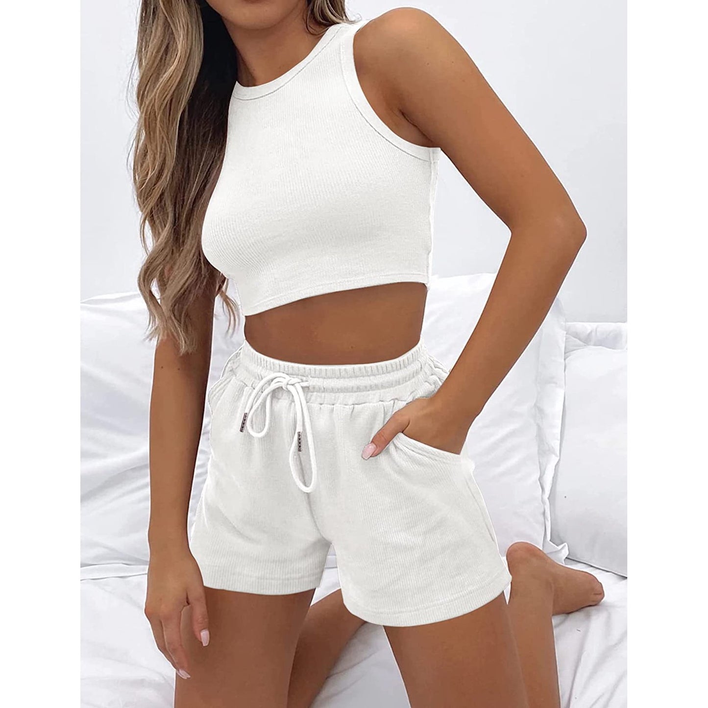 Sleeveless Waffle Suit Solid Color Vest Fashion Casual Shorts