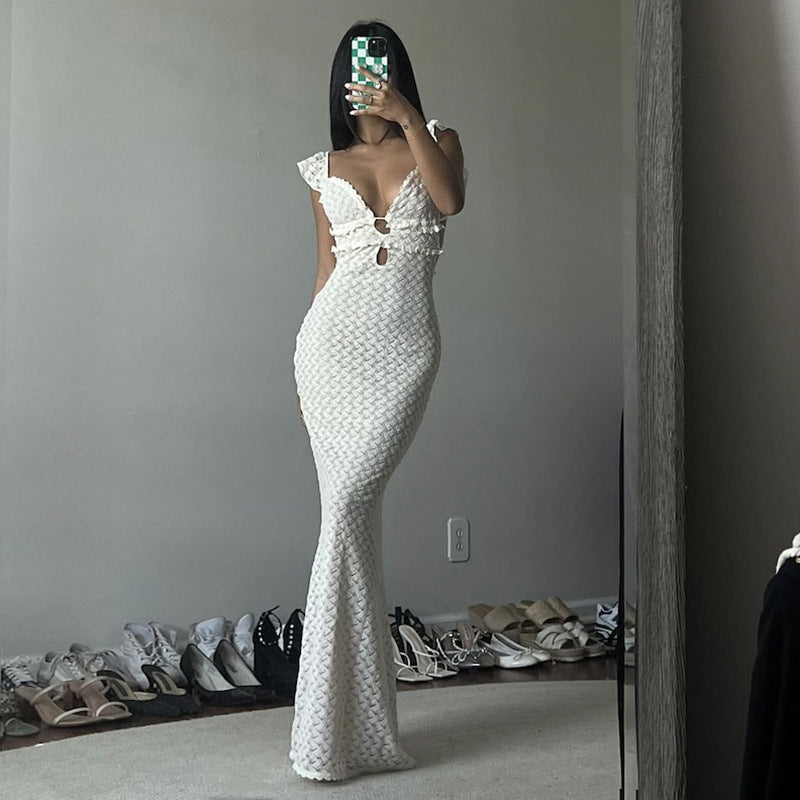 Pure Desire V-neck Backless Lace-up Cutout Slim Fit Dress - Beuti-Ful