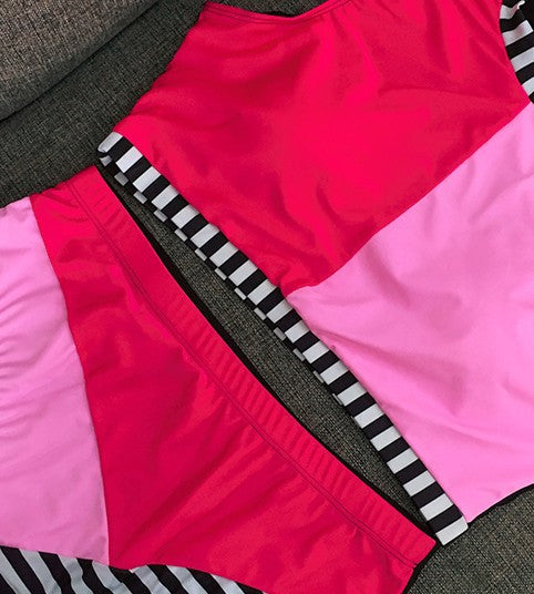 Ladies Plus Size Swimsuit Multi-color Mosaic High Waist - Beuti-Ful