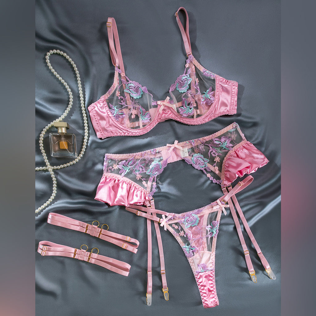 Embroidery Stitching Contrast Color Strap Sexy Underwear - Beuti-Ful