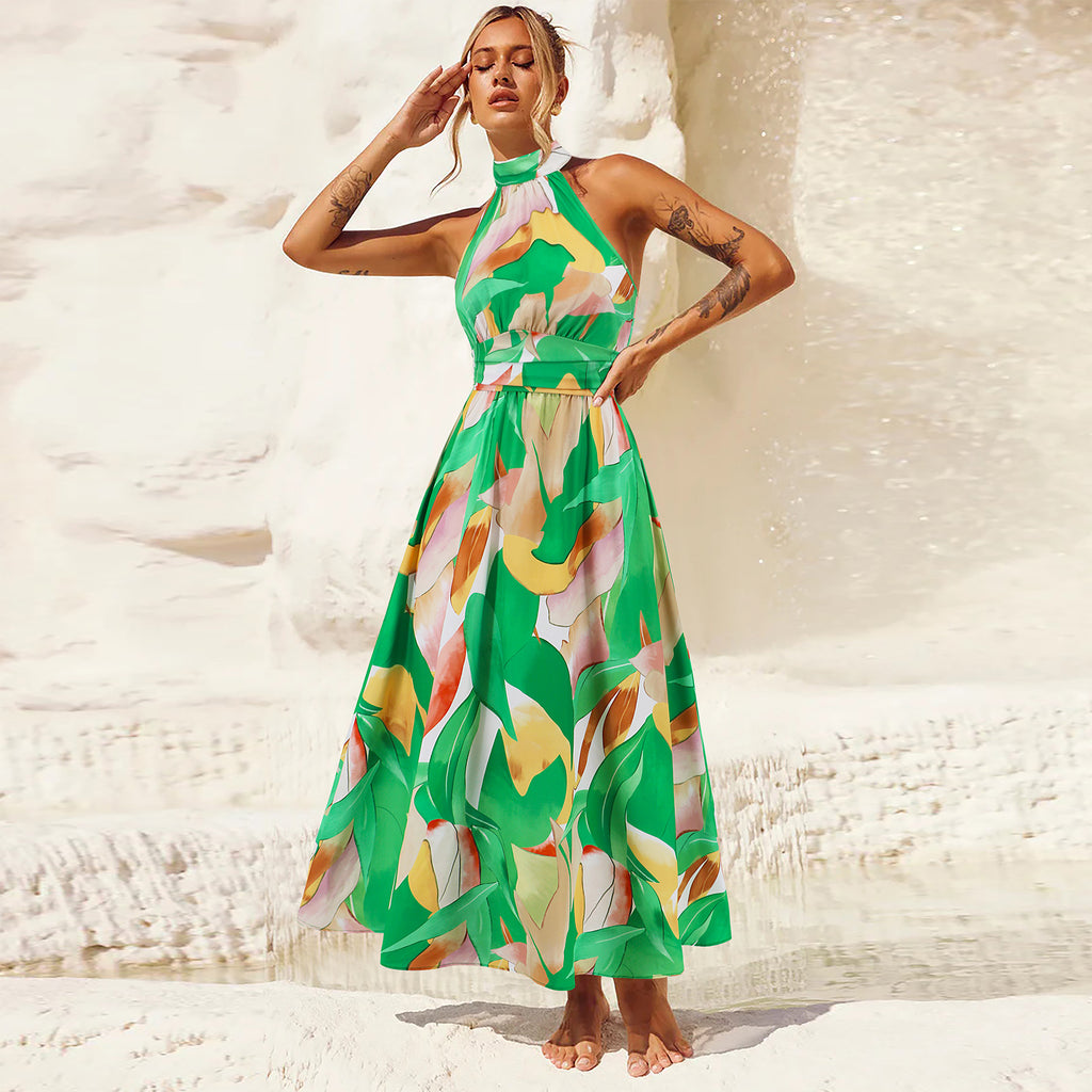 Stand Collar Sleeveless Printed Dress Women - Beuti-Ful