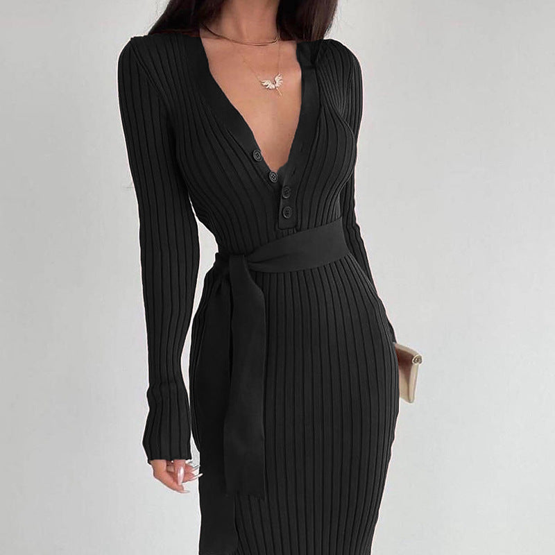 Women's Waist Button Dress Slim Knit Sunken Stripe - Beuti-Ful