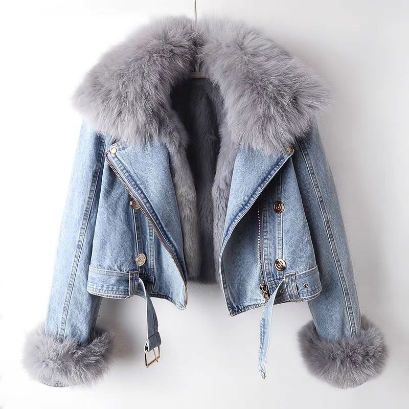 Detachable Fox Fur Rabbit Fur Liner Denim Coat - Beuti-Ful