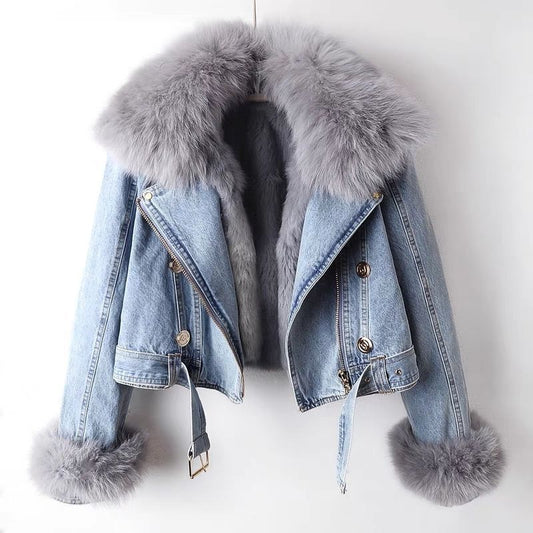Detachable Fox Fur Rabbit Fur Liner Denim Coat