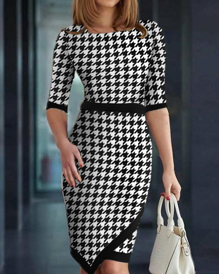 Women's Houndstooth Printing Color Contrast Dress - Beuti-Ful