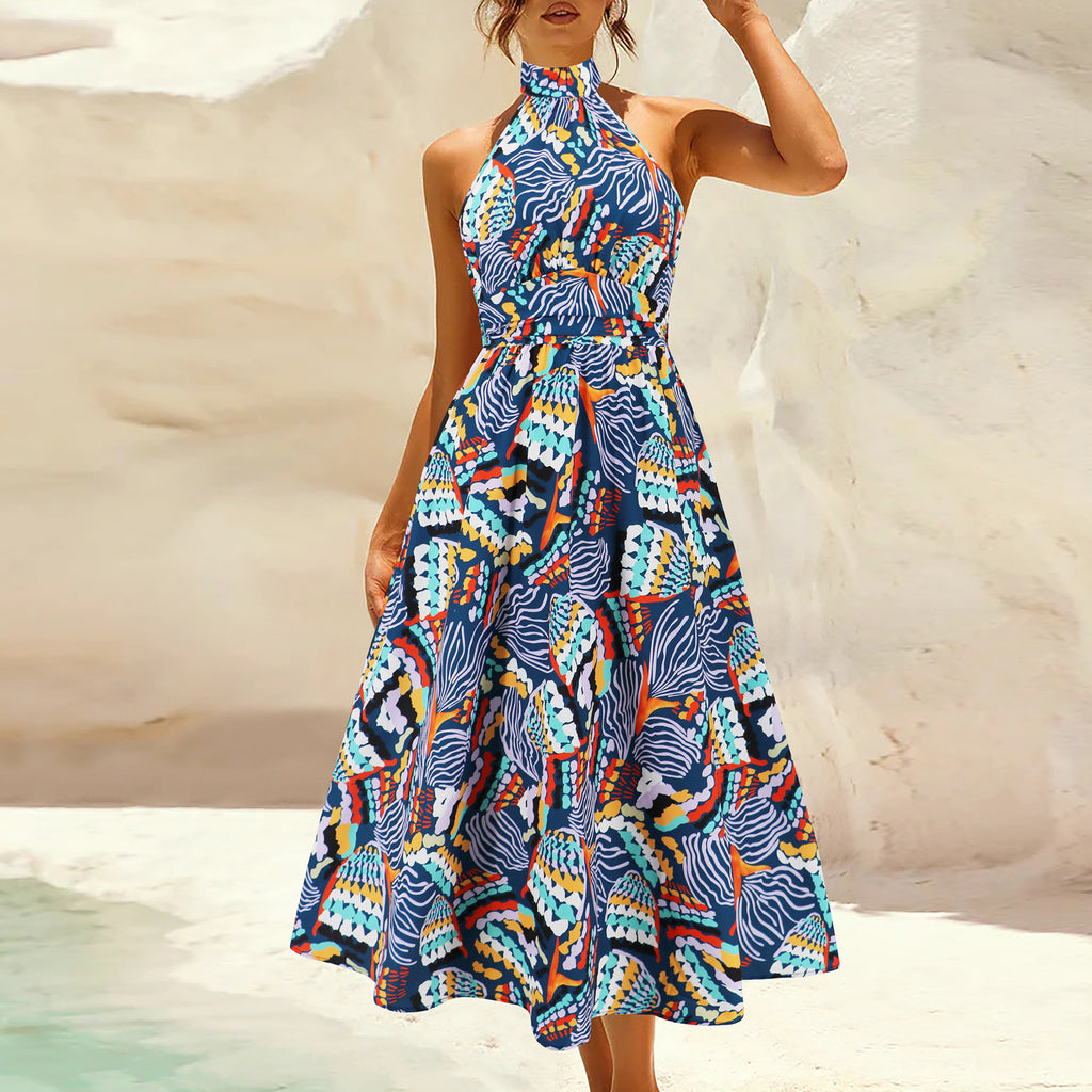 Stand Collar Sleeveless Printed Dress Women - Beuti-Ful