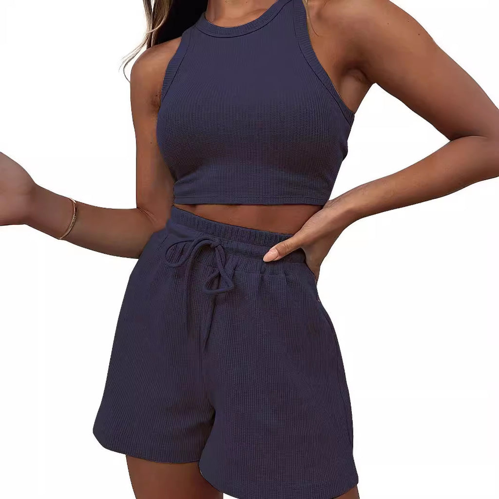 Sleeveless Waffle Suit Solid Color Vest Fashion Casual Shorts - Beuti-Ful
