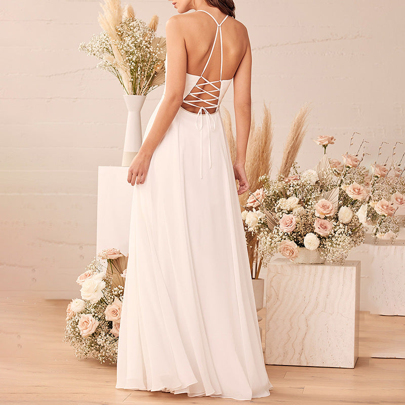 Chiffon Spaghetti Straps Sleeveless Split Long Dress - Beuti-Ful