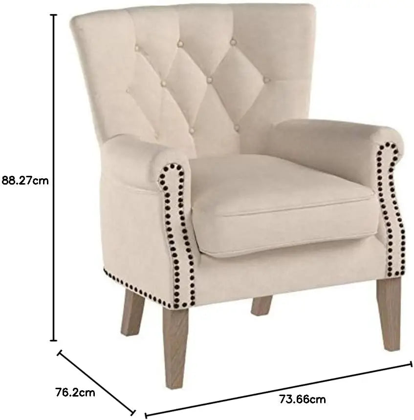 Mid-Century Modern Channel Back Accent Tufted Arm Chair, with Solid Wood Legs With a Rustic Finish. Beige color