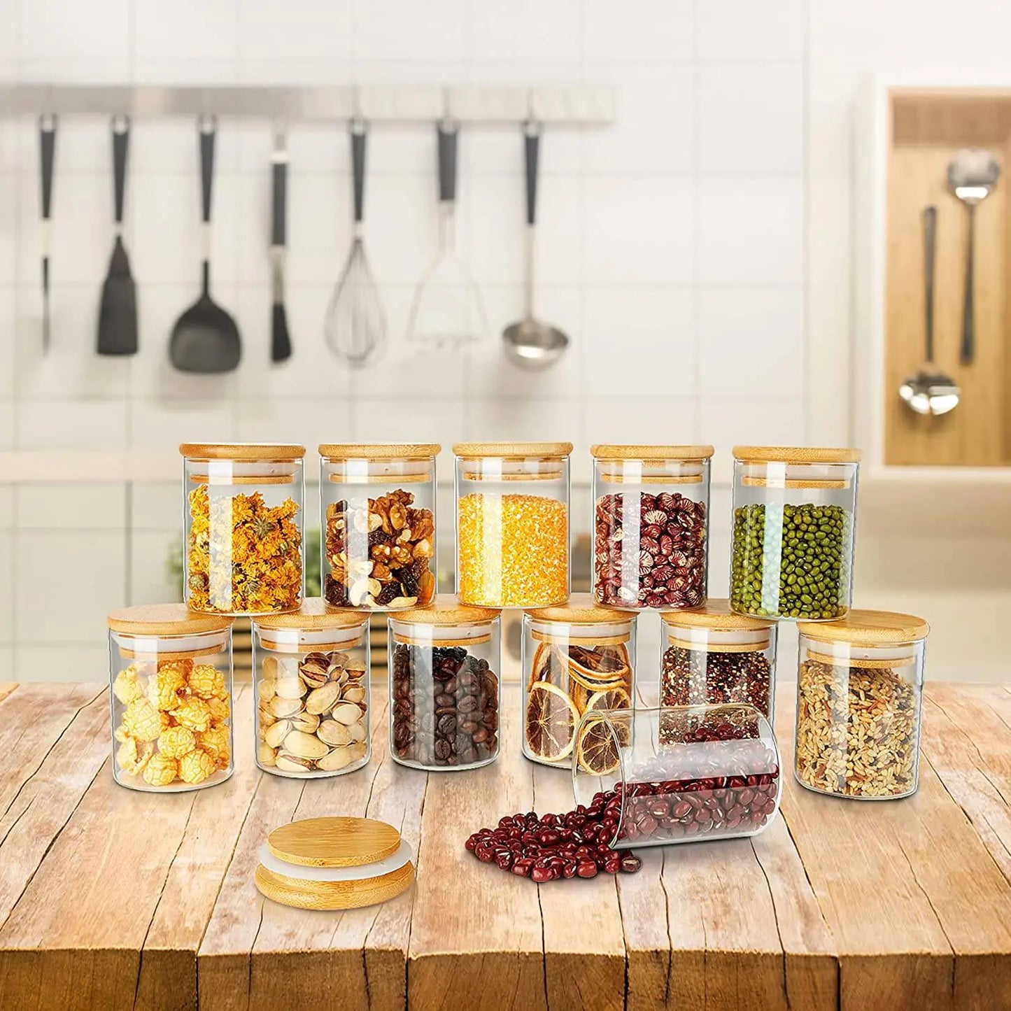 12 Pack Glass Jars Set, Storage  containers with Bamboo Lids