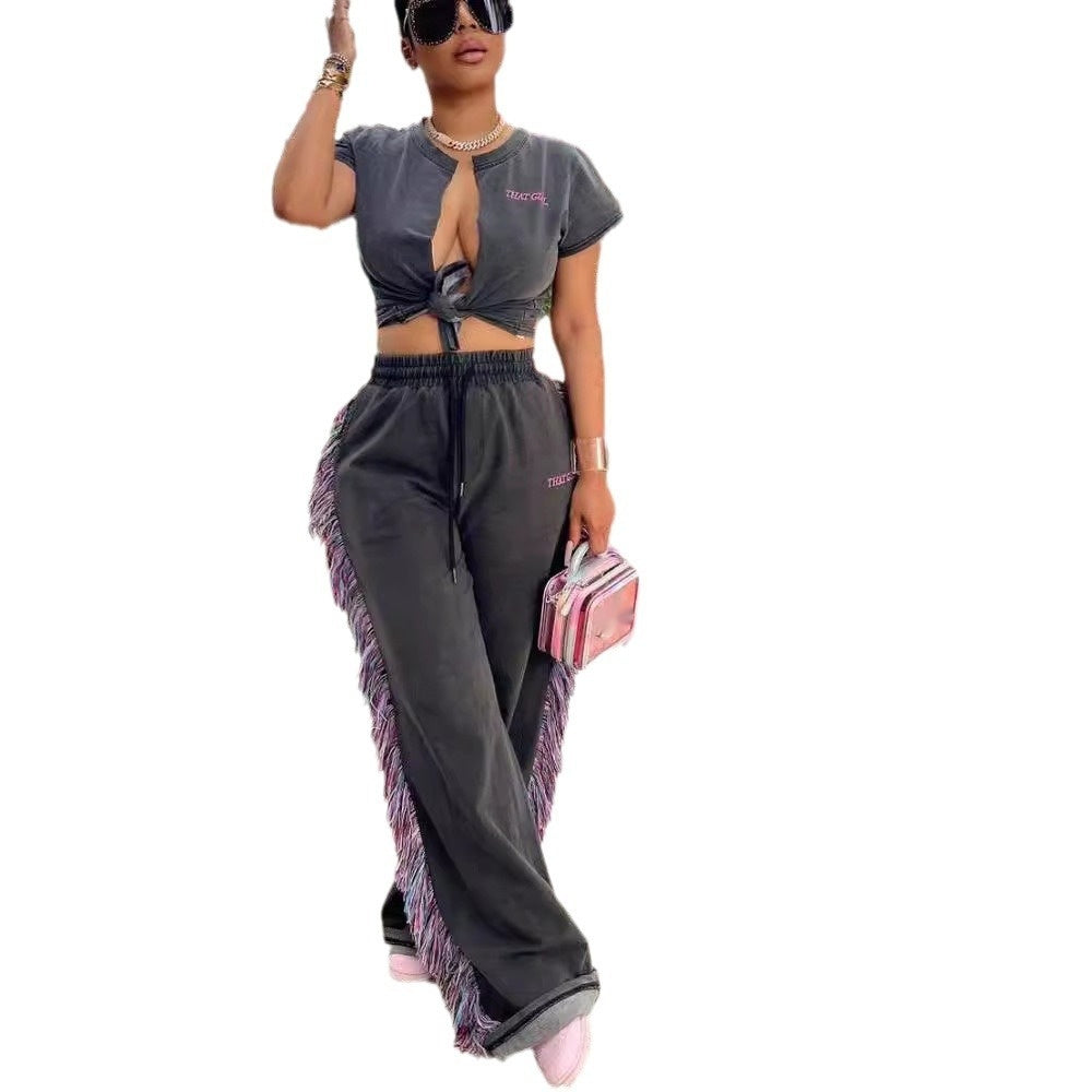 High Waist Multicolor Tassel Fashion Letters Printed Casual Jumpsuit - Beuti-Ful