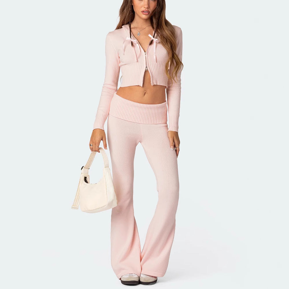 Knitted Hooded Suit Long Sleeve Zipper Cropped Top And Slim Flared Pants Trousers Solid Outfits