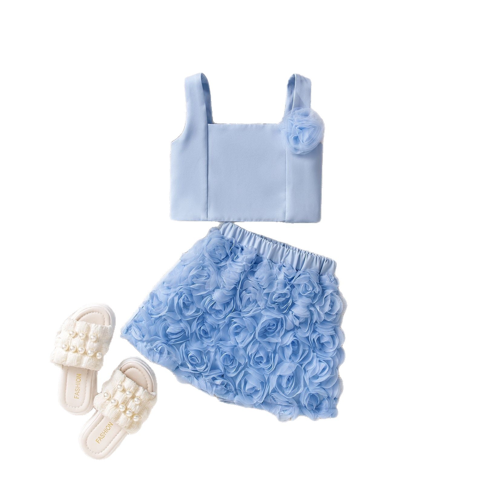 Strapless Crop Top Rose Petal Shorts Two-piece Set