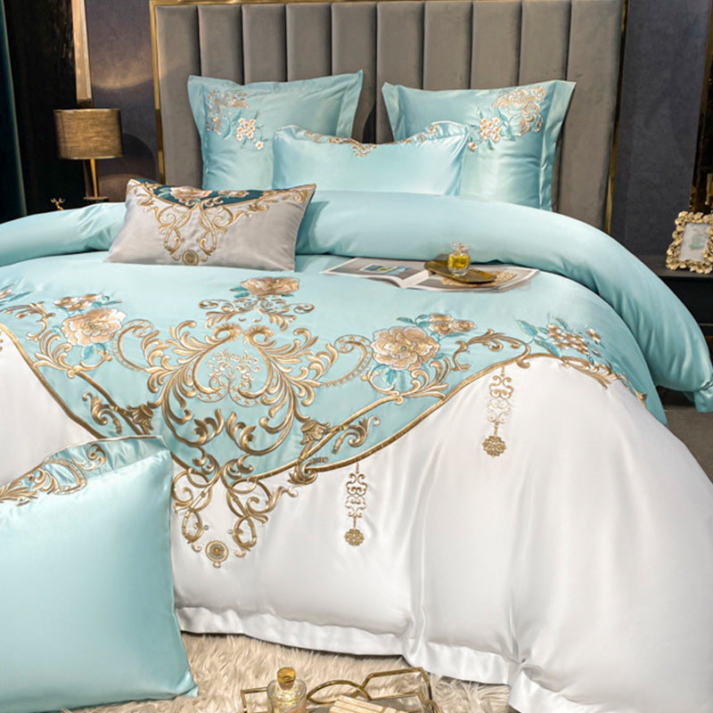 Champagne Flower Embroidery Four-piece Luxury Bedding Set - Beuti-Ful