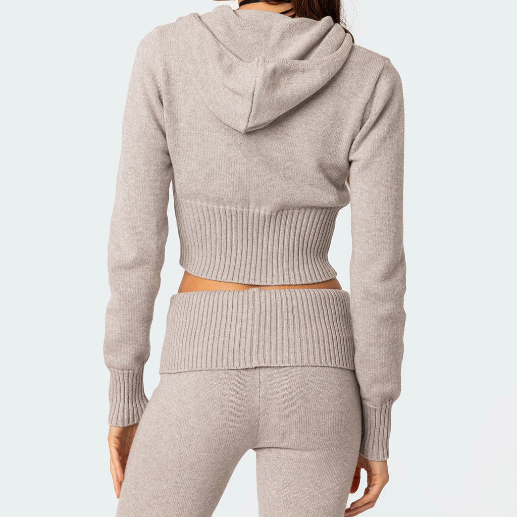 Knitted Hooded Suit Long Sleeve Zipper Cropped Top And Slim Flared Pants Trousers Solid Outfits
