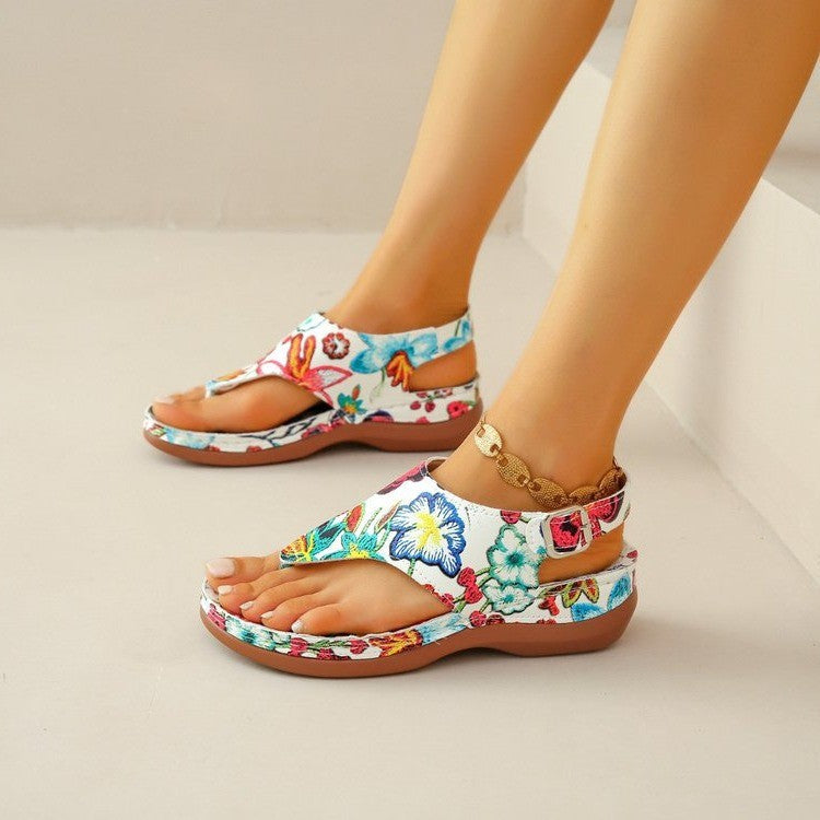 Herringbone Sandals Ethnic Style Embroidered Flower Back Buckle Wedge - Beuti-Ful