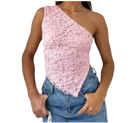 Lace Backless Top Summer Solid Color Waistless Asymmetrical Sloped Neck Vest