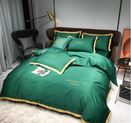 Cotton Four Piece Solid Color Wide Brim Embroidered Bedding For Wedding - Beuti-Ful