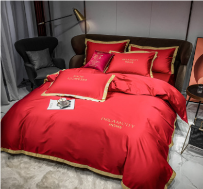 Cotton Four Piece Solid Color Wide Brim Embroidered Bedding For Wedding - Beuti-Ful