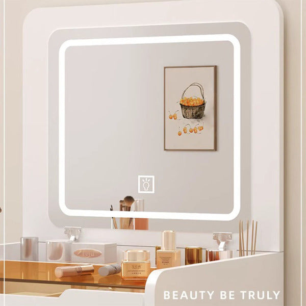 3 In 1 Dressing Table With Flip Mirror And Light, Small Makeup Vanity Set With Viewing Glass Tabletop, 3 Drawers, Storage Stool, 3 Color Lighted Mirror, Bedroom Dressing Table For Small Spaces - Beuti-Ful