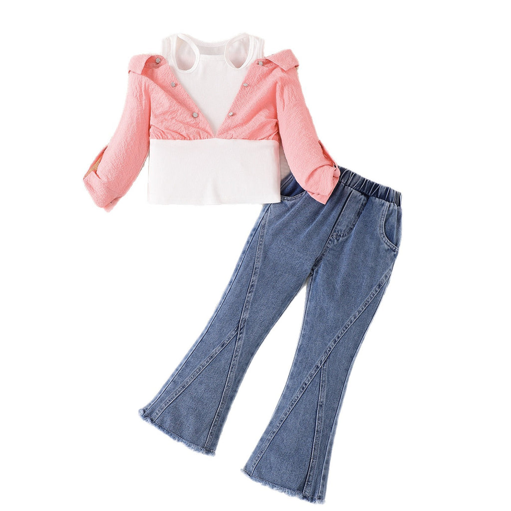 Fake Two-piece Off-shoulder Top With Flared Jeans