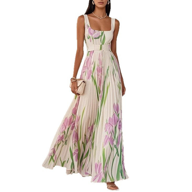Floral Print Pleated Dress Summer A-Line Sleeveless Midi Dresses Women's Clothing - Beuti-Ful