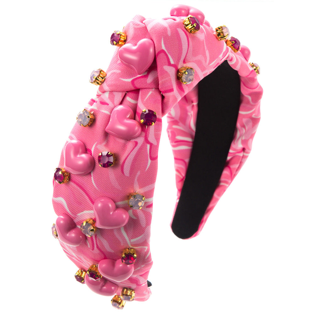 Printed Fabric  Headband Female Hand-stitched Gem Inlaid Love Accessories - Beuti-Ful