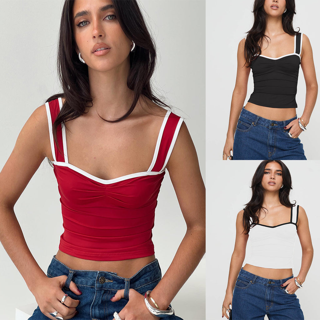 Contrast Color Sling Pleated Small Tank Top - Beuti-Ful