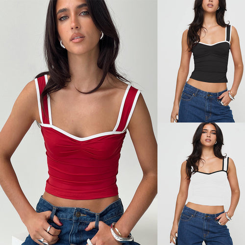 Contrast Color Sling Pleated Small Tank Top - Beuti-Ful