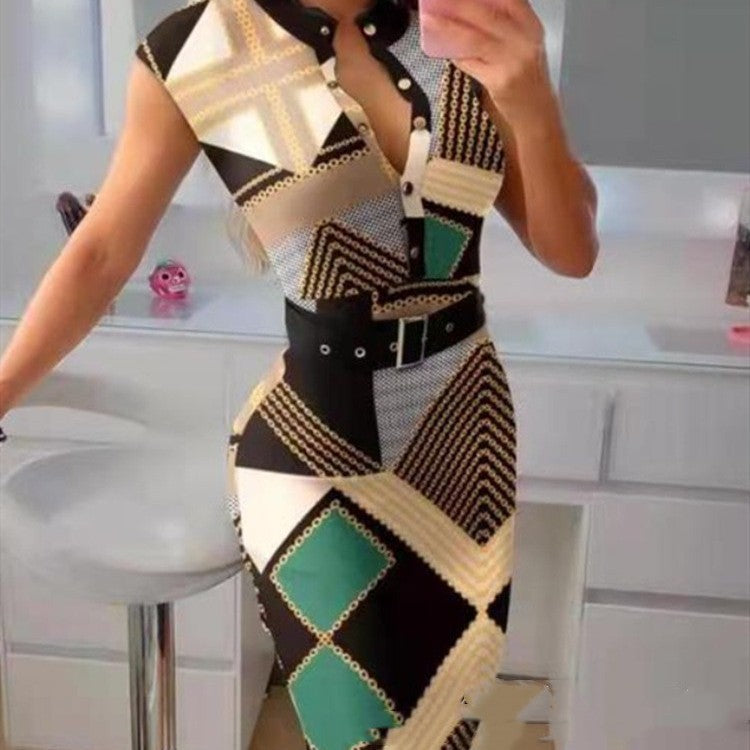 Fashion Button Women's Dress With Belt - Beuti-Ful