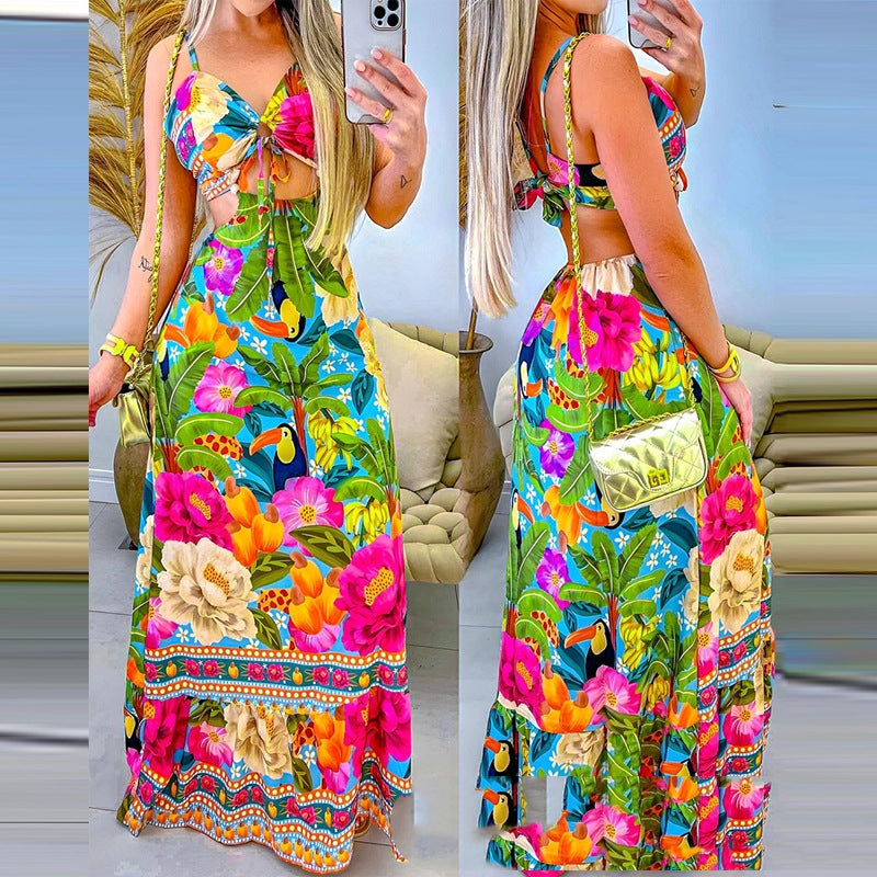Tropical Printed Floral Halter Midriff Outfit Dress - Beuti-Ful