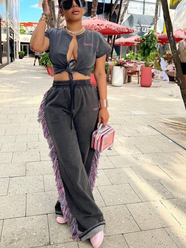 High Waist Multicolor Tassel Fashion Letters Printed Casual Jumpsuit - Beuti-Ful